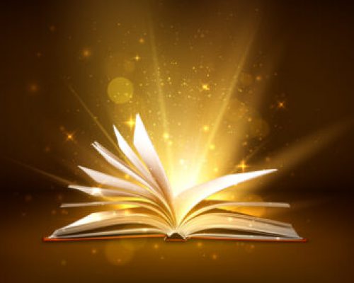 Mystery open book with shining pages. Fantasy book with magic light sparkles and stars. Vector illustration